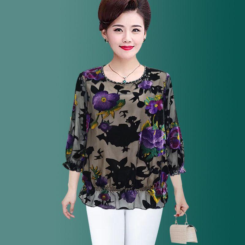 Women's Silk Blouse Spring Autumn Three-quarter Sleeve Loose Fit Rhinestone Plus-size Blouse Mesh Floral Velvet Pullover
