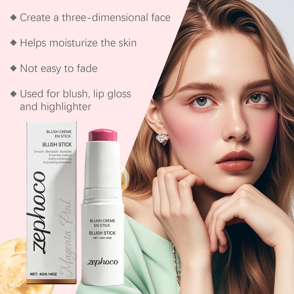 Zephoco Soft Matte Blush Stick, Magenta Pink: Gentle, Moisturizing, Long-Lasting, Lightweight, and Portable Makeup.
