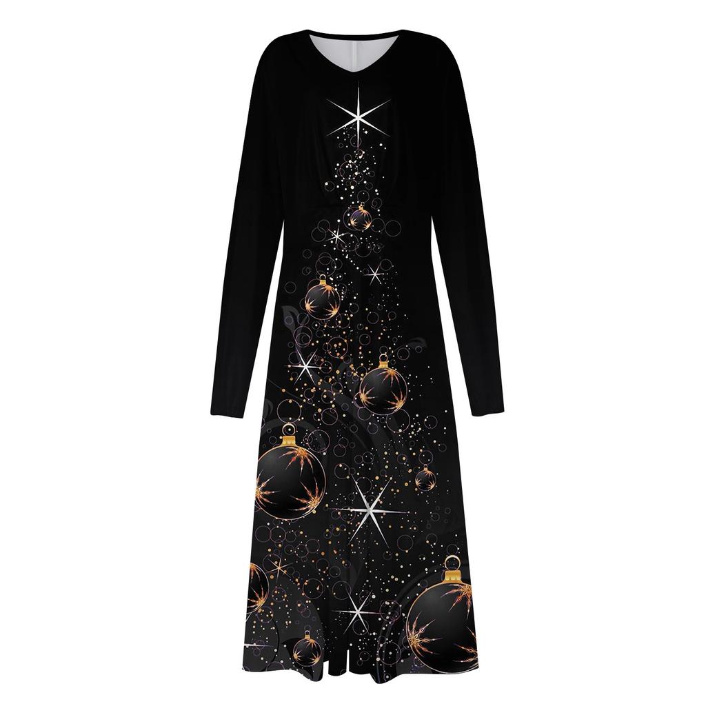 Women's Autumn And Winter Casual Fashion V-neck Long Sleeve Christmas Tree Print Long Dress