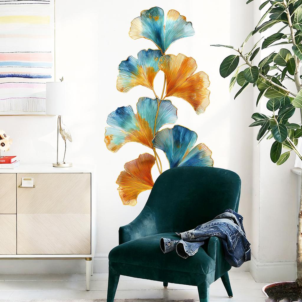 Colorful Ginkgo Leaves with Gold Foil Wall Sticker Self-Adhesive Removable for Living Room Bedroom Home Decor
