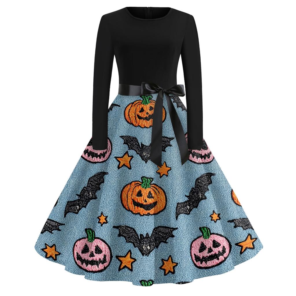 Women Casual Halloween Printed Round Neck Vintage Dress Long Sleeve Fit Flared Skirt Belted Waist Retro Style Dress for Autumn