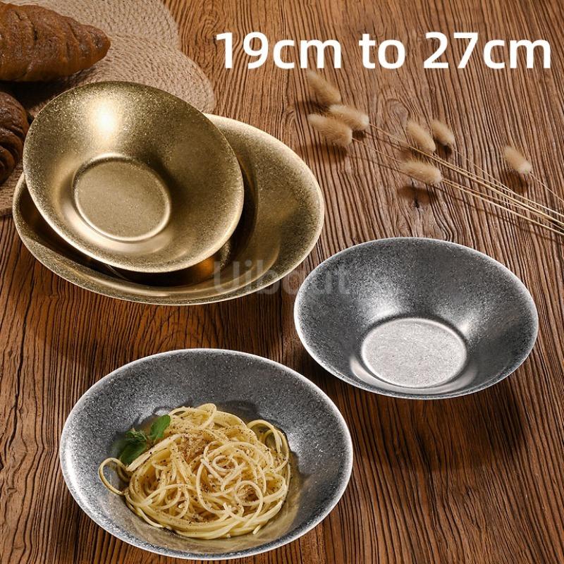 Vintage Stainless Steel Pasta Plate Korean Salad Bowl Crayfish Plate Golden Western Dining Plate Ramen Mixed Noodle Bowl Platos