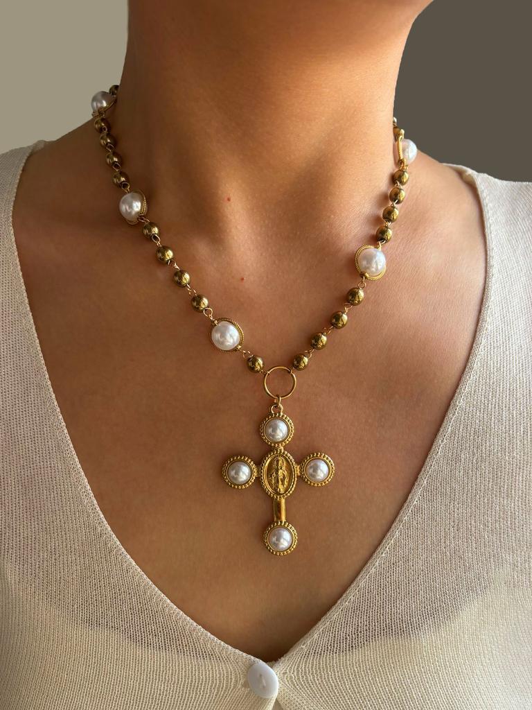 GHIDBK Fashion Elegant Imitation Pearl Virgin Mary Cross Pendant Necklace for Women Stainless Steel Beaded Chain Wedding Zircon