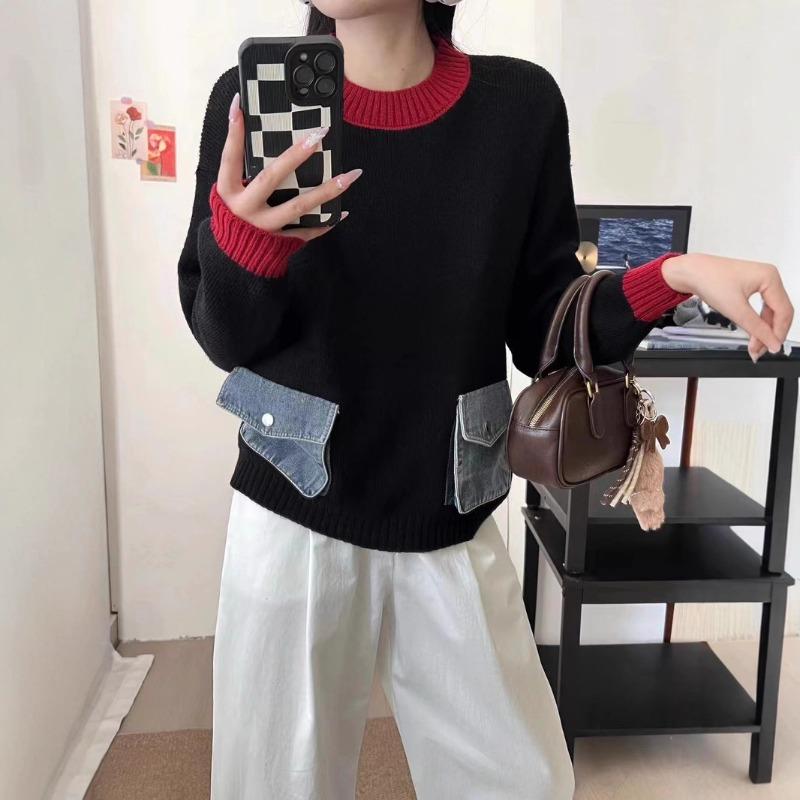 Autumn new contrasting color design sense splicing denim pocket knitted sweater top loose versatile sweater pullover women