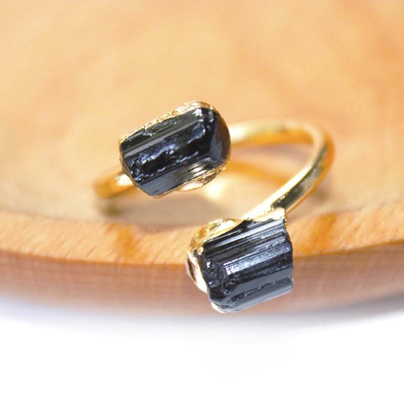 Unregelmäßiger Roher Stein Offener Ring für Damen Goldfarben Beschichtet Roher Turmalin Finger Schmuck Schwarzer Turmalin Verstellbar