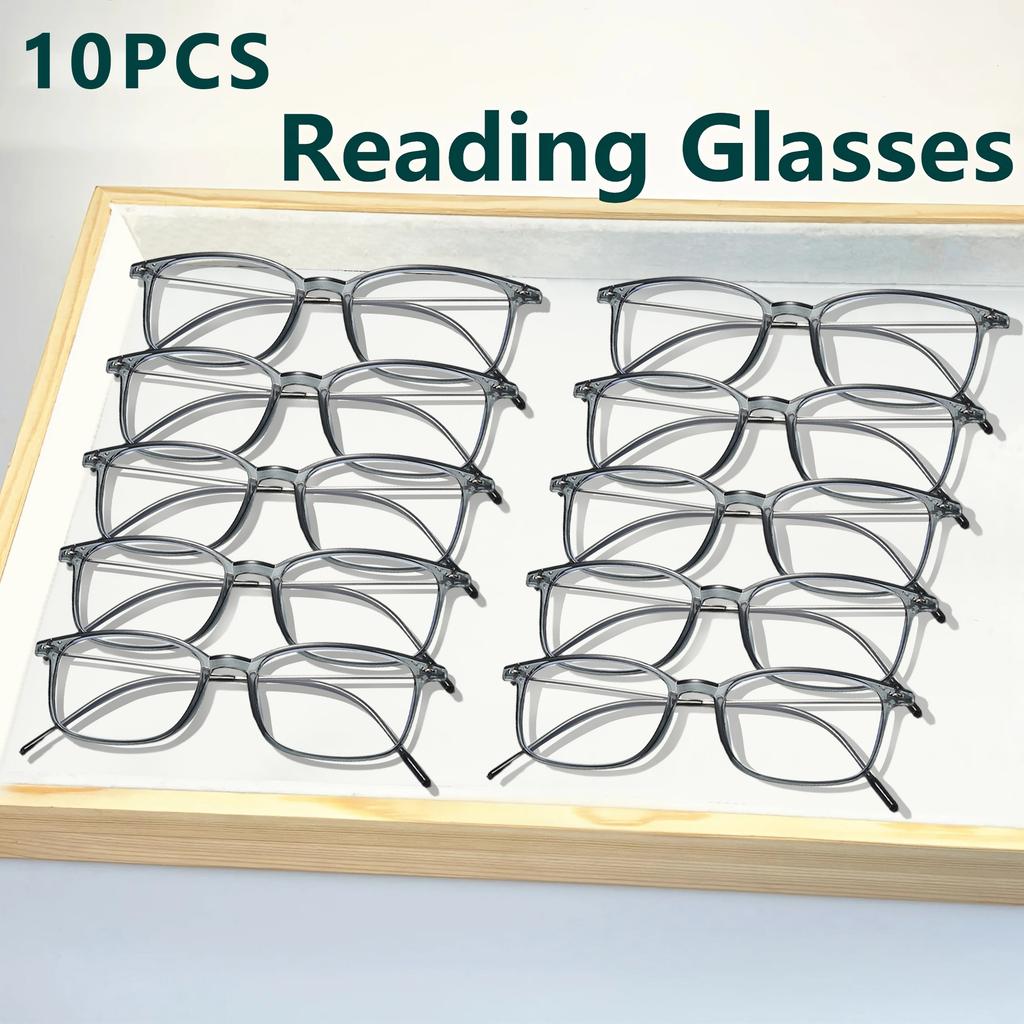 10pcs Square Reading Glasses Women Men Black Blue Grey Purple Anti Blue Light Polycarbonate Lens