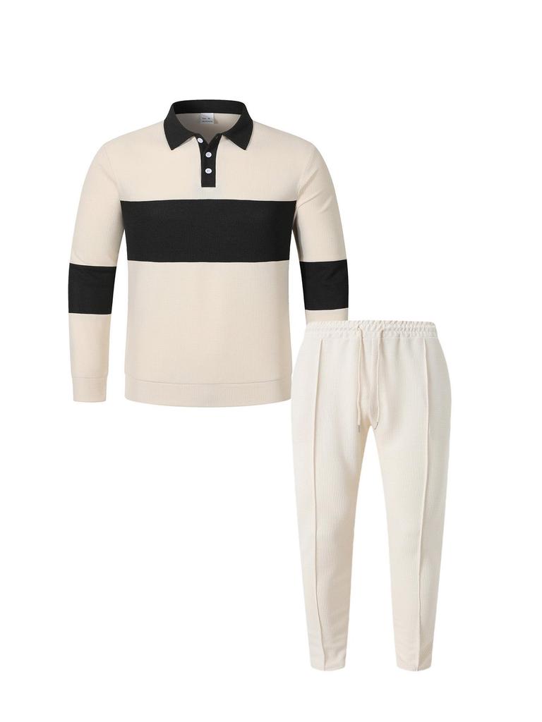 2025 Men's Autumn Waffle Sweatshirt & Pants Set - Casual Long Sleeve Lapel Design