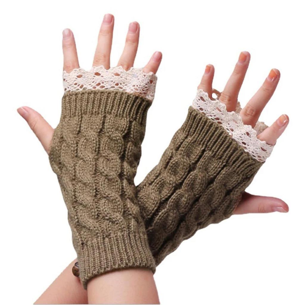 Women's Winter Warm Wool Gloves, Fingerless, With Beautiful Lace And Short Style