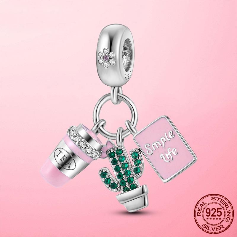 New 925 Silver Snake Coffee Cup Dog CZ Cactus Charms Beads Fit Original Women Bracelet Fine Silver Jewelry Gift
