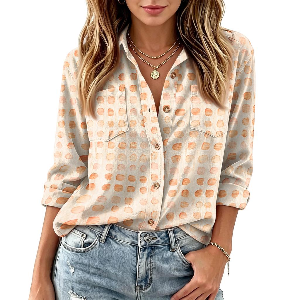 Dames Casual Lange Mouwen Knopen Blouse Top met Stippenprint