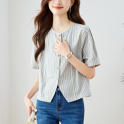 Retro Blue Striped Shirt for Women Design Short-sleeved Shirt for Summer New Small Shirt