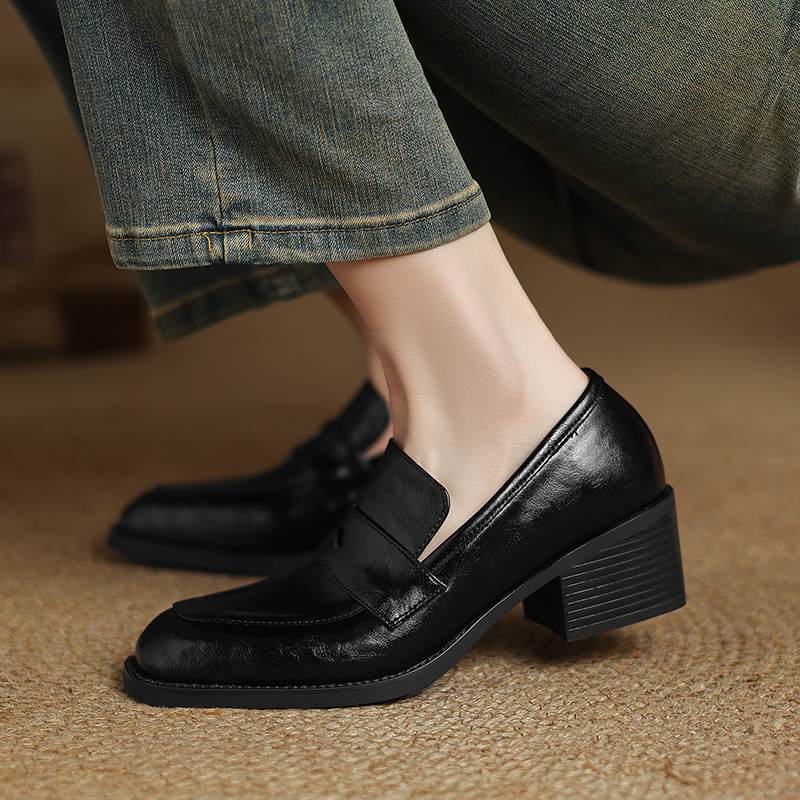Krazing Pot Sheepskin Autumn Winter Shoes Slip on Med Heels Size 42 Square Toe Brown Color Pumps