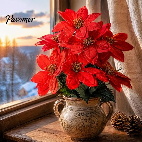 Vibrant Red Poinsettia Bunch for Home Artificial Flowers, Christmas Bouquet with Berries, Faux Silk Synthetic Flower Decoration Floral Stems