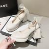 Women's new autumn chunky single shoes round head shallow mouth butterfly knot beaded platform high heels