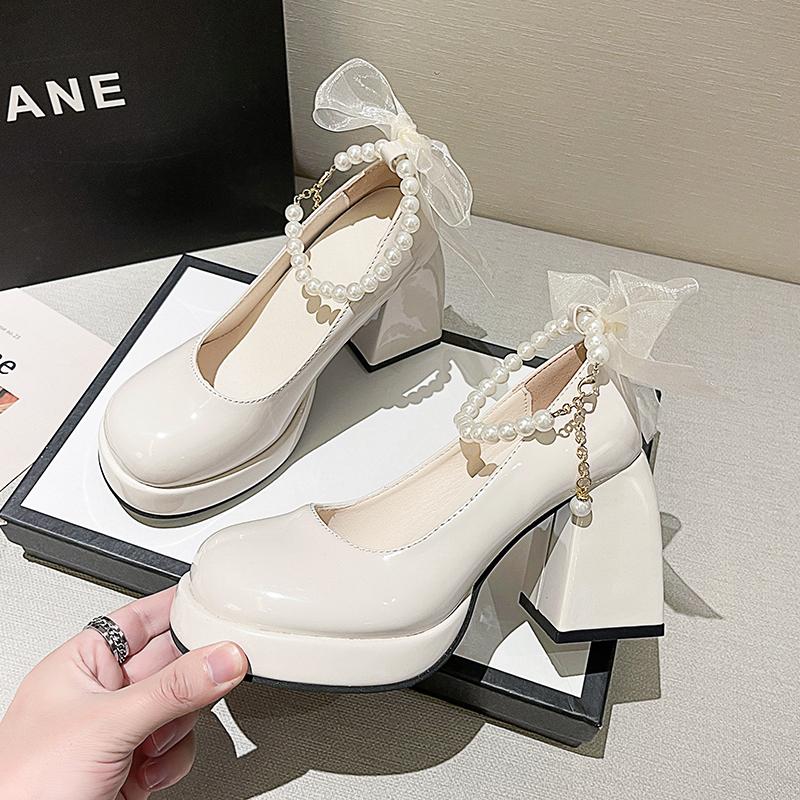 Women's new autumn chunky single shoes round head shallow mouth butterfly knot beaded platform high heels