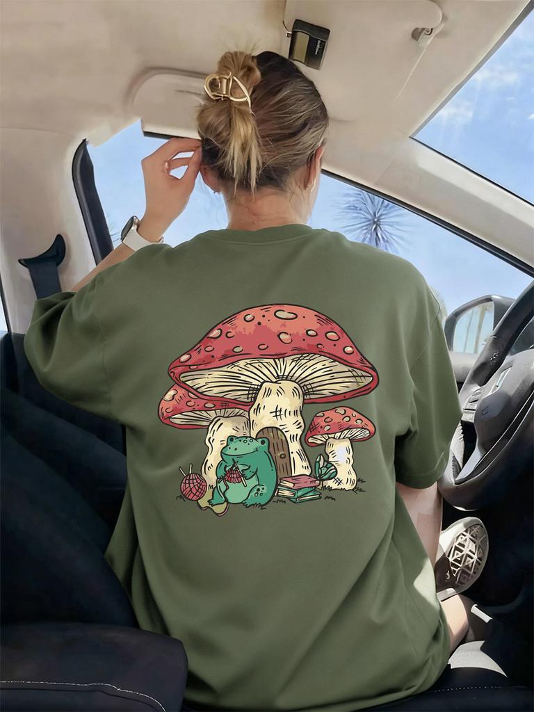 Frog Under Mushroom Printing TShirt Womens Basics Loose T Shirts ONeck Soft Short Sleeve Tops Summer Comfortable Woman Clothes