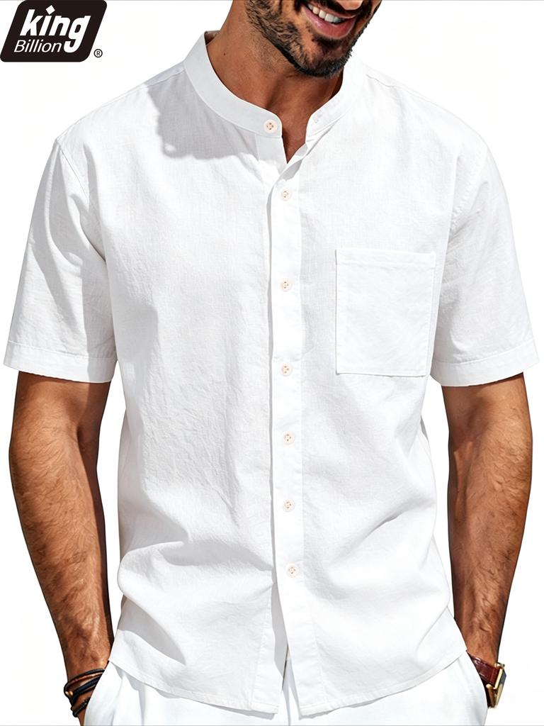 Casual Herenhemd met Korte Mouwen en Mandarijnkraag Lichtgewicht Linnen-Look Knopen-Down Top met Borstzak Ademend Zomer Strandvakantie Shirt
