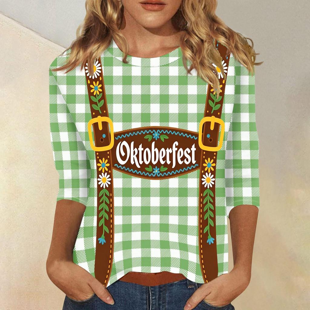 Damen Casual Dreiviertelarm Oktoberfest-Aufdruck Rundhals-Shirt Gestreiftes Muster Oktoberfest-Thema Oberteil