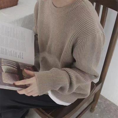 Pullover trui herfst en winter 2022 Koreaanse dames gebreide trui met losse ronde hals en bubbelmouwen