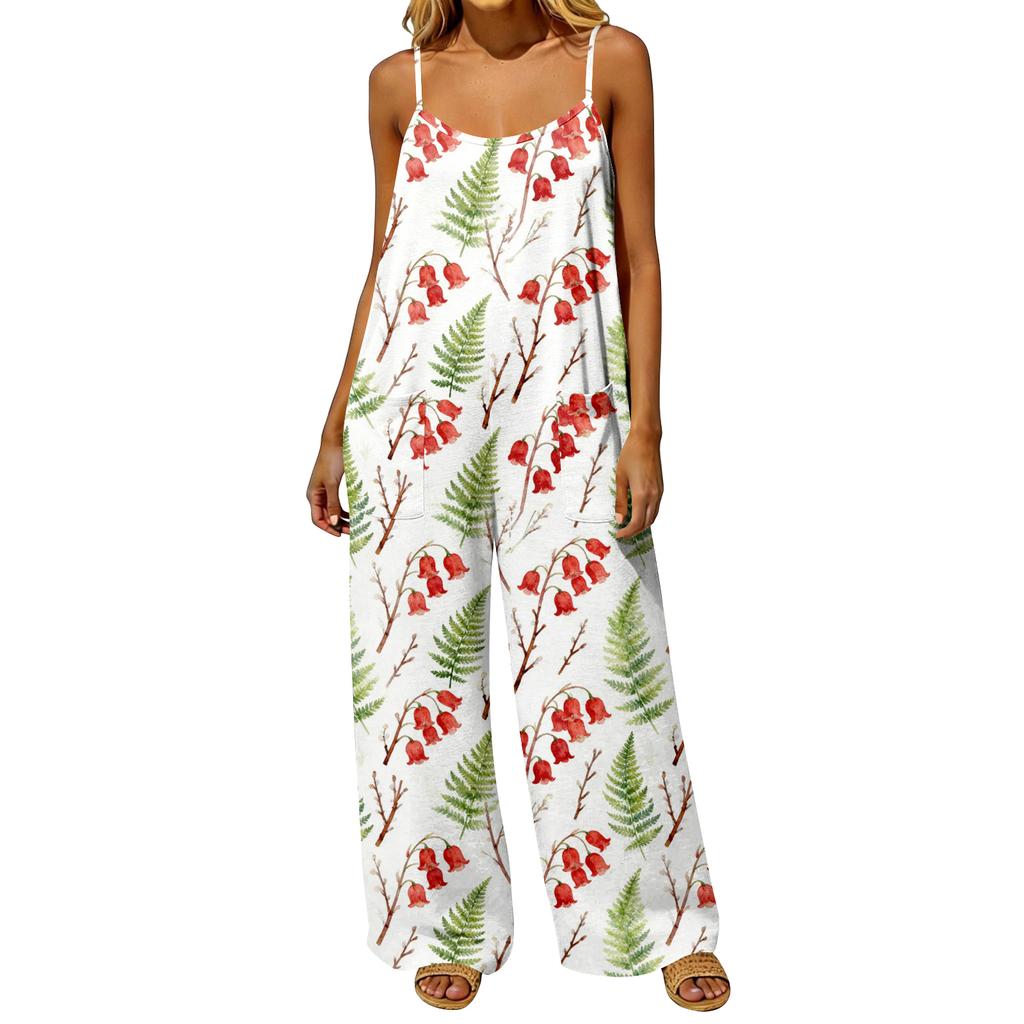 Women's Loose Fit Casual Jumpsuit Vintage Style Overalls Wide Leg Pocketed Sleeveless Backless Romper with Adjustable Straps