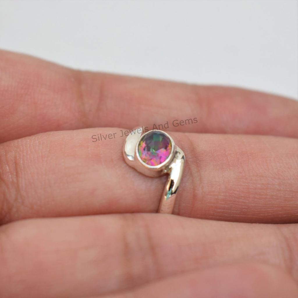 Mystic Topaz Ring: Handmade 925 Sterling Silver Oval Gemstone Dainty Ring