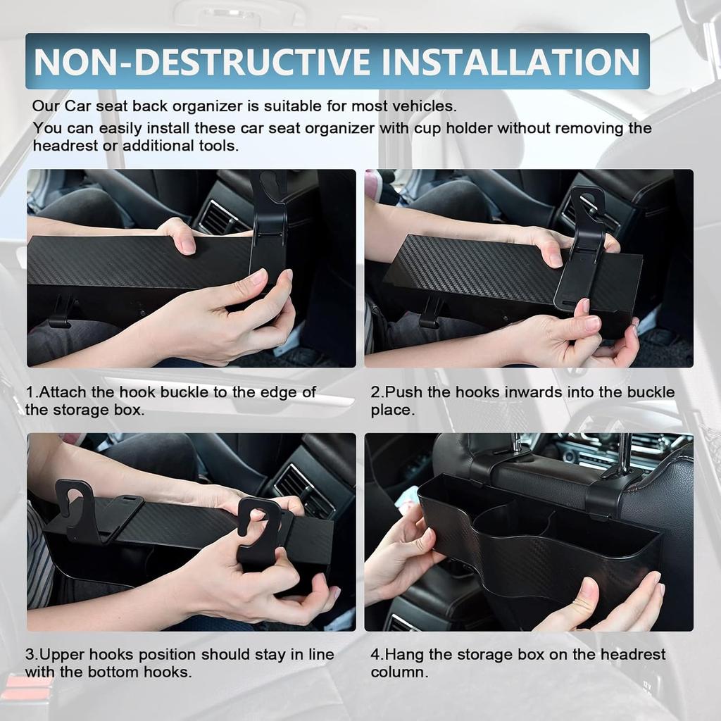 Backseat Car Organizer With Cup Holder - Multifunctional Back Seat Car Organizer With Two Seat Hooks, Fits Most Cars, Can Hold Snacks, Canned Drinks