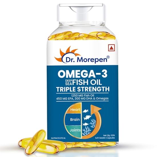 Dr. Morepen Omega-3 Fish Oil (60 Capsules) | 1250mg Triple Strength Fish Oil Softgel Capsules (450mg EPA & 300mg DHA) | For Joint & Heart Health