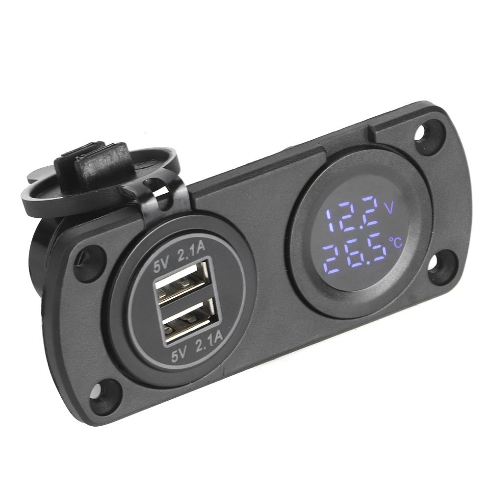Termometru Volmetru Încărcător Auto USB Dublu 12V Priza de Alimentare Soclu Brichetă Albastru