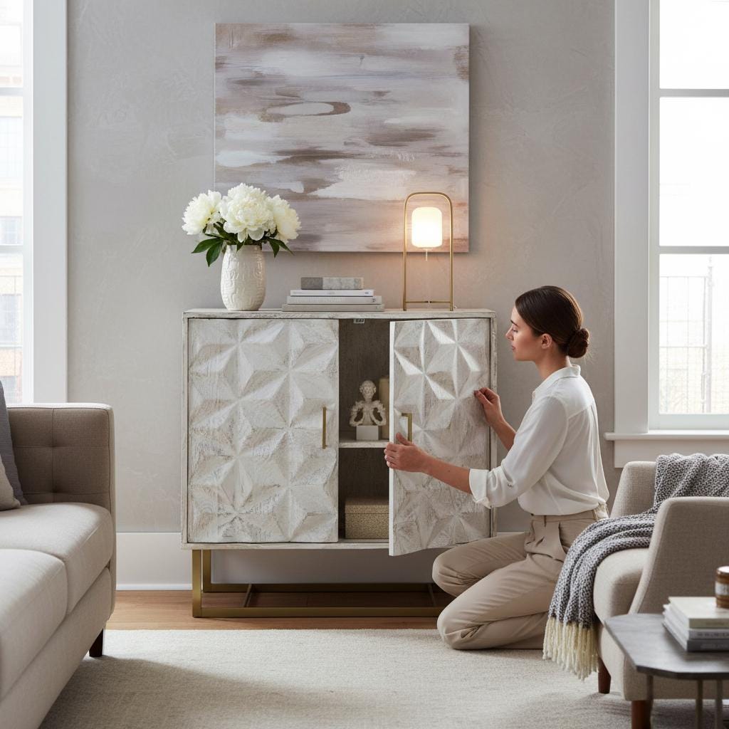 Modern White Wood Carved Cabinet Geometric Front, Brass Legs Accent Storage Sideboard, Entryway or Living Room Decor Furniture -Bedside