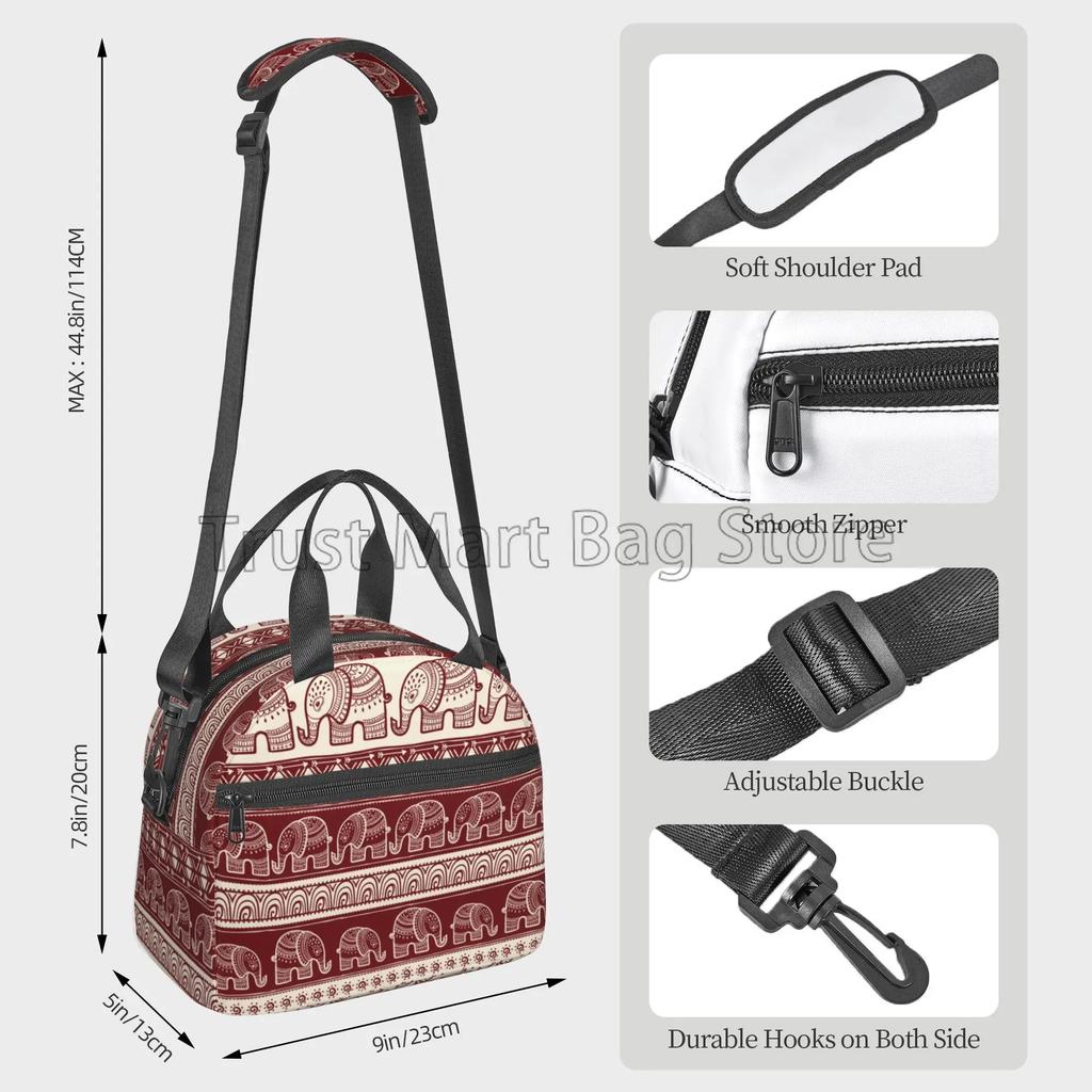 Boho Elephant Print Insulated Lunch Bag for Travel Picnic Reusable Waterproof Thermal Bento Tote with Adjustable Shoulder Strap
