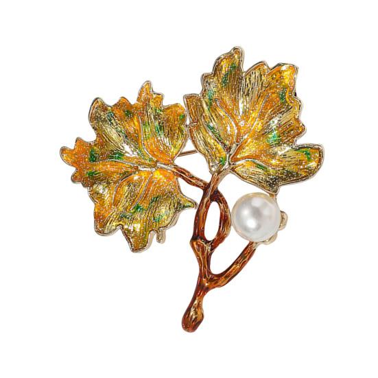 Women Brooch Maple Shape Enamel Oil Dripping Faux Pearl Decor Retro Anti-slip Polished