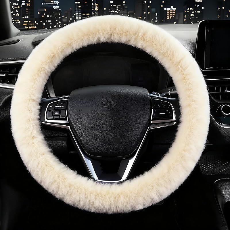 Furry Car Steering Wheel Cover, Fluffy Cover, Soft Warm Plush Non-Slip, 14 1/2-15 Inch, For Women Girls, Pink