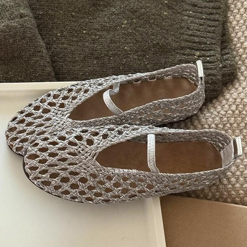 Sheepskin version~ Hollow-out handwoven sandals women's one-word with round head flat-soled single shoes genuine leather shallow mouth Mary Jane shoes