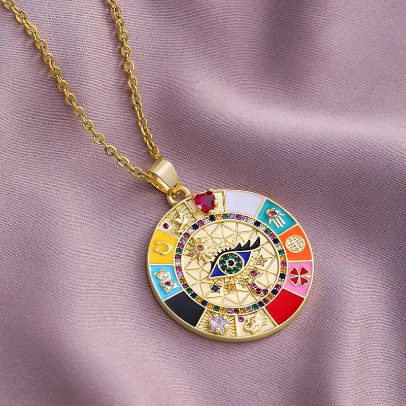 Turkish Lucky Evil Eye Necklace Men Women Gold Color Enamel Drip Oil CZ Pendant Fashion Stainless Steel Chain Necklace Jewelry