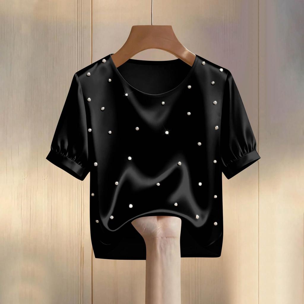 Camicetta da Donna in Raso con Perle, Collo Rotondo Setoso, Maniche Corte, Vestibilità Ampia, Camicia Casual Formale.