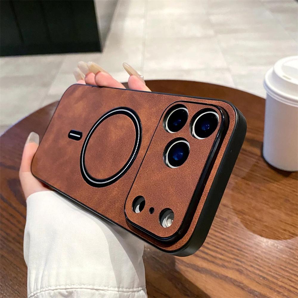 Luxury Matte Leather For Magsafe Magnetic Wireless Charge Case For iPhone 17 16 15 14 13 11 12 11 Pro Max Plus Shockproof Cover