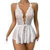 Sexy Bodysuit Low-cut Deep V Neck Sleeveless See-through Lace Mesh Cross Back Flower Embroidery Bow Decor Adjustable Spaghetti Strap