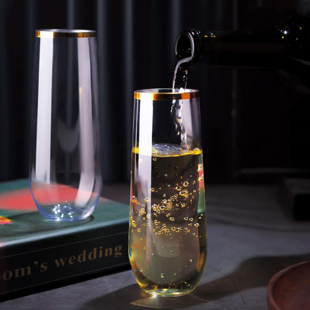 48 Pack Plastic Stemless Champagne Flutes, Disposable Unbreakable 9 Oz Toasting Glasses With Gold rim, Fancy & Shatterproof Champagne Glasses