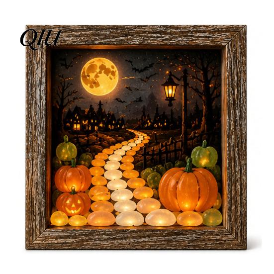 Personalized Halloween Display Shadow Box Frame DIY Lighted Craft Kit, Wooden Night Light with Seasonal Interior Decor Sea Glass Stones, Gothic