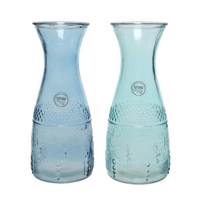 Bouteille en verre gaufré - EDM - DIA 10x25cm - 1100ml - Couleurs assorties bleu clair et foncé