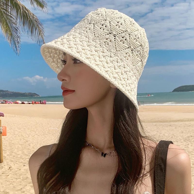 Women Hollow Crochet Bucket Hat Knit Fisherman Cap Lightweight Wide Brim Sun Hat for Summer Beach Outdoor Travel Daily Casual Sun Protection