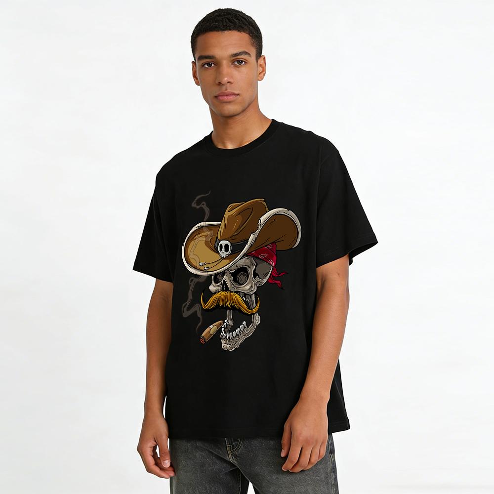 Vintage Western Skull Cowboy Graphic Casual Short Sleeve Tee Pure cotton T-shirt