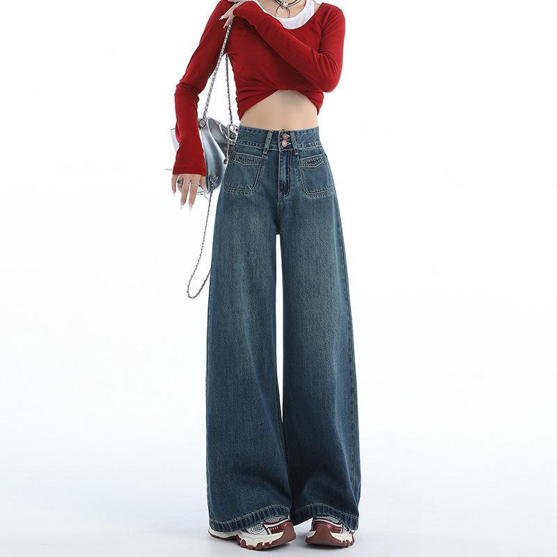 Dark blue high-waisted wide-leg jeans women's autumn new casual retro loose loose straight pants trendy