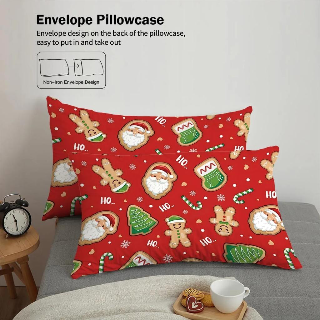3Pcs red Christmas theme print quilt cover featuring pilowcases, no filing, skin-friendly, warm machine washable beding set decor