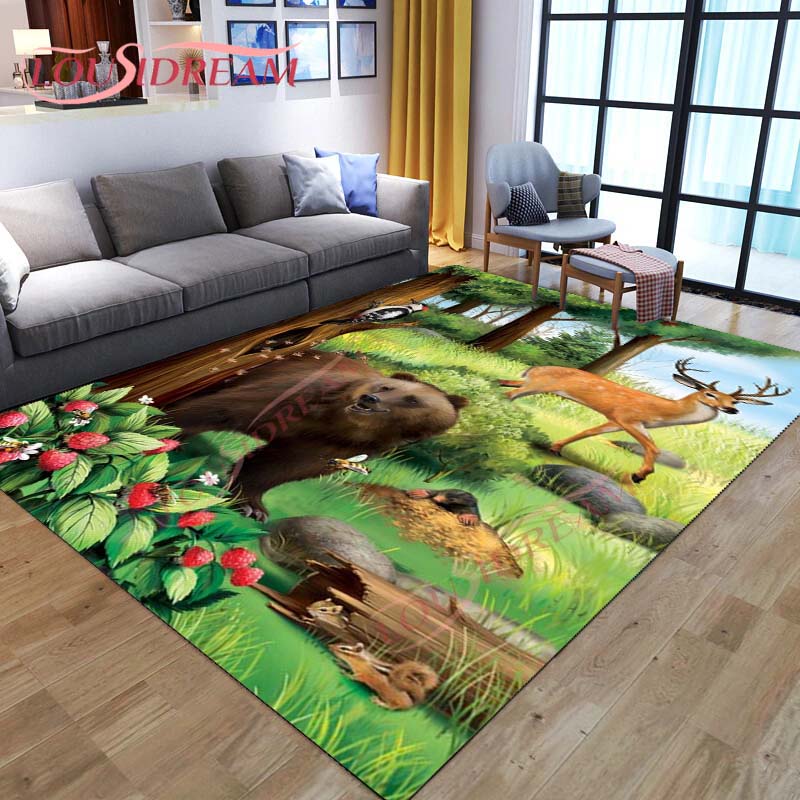 3D Cartoon Deer Rug Wildlife Mountain Landscape with Forest Carpet for Home Living Room Elk Carpet for Laundry Kids Play Carpets