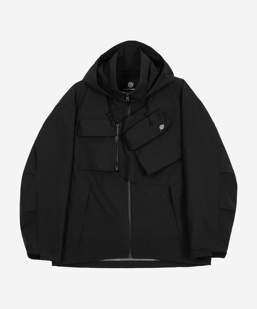Kalapatthar 3Layer Offset Zip Pocket Hooded Jacket - Black