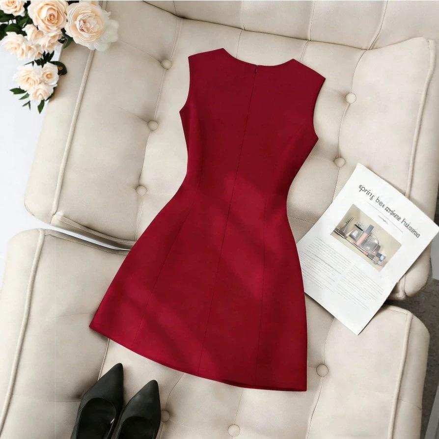 Women's Clothing European and American Style Red Bow Sleeveless Waist Dress Commuting Versatile and Simple Style