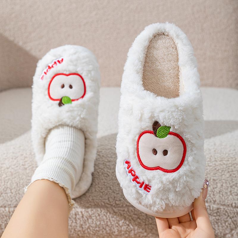 Cotton slippers apple embroidery autumn and winter thick-soled velvet warm home cotton shoes couple shoes