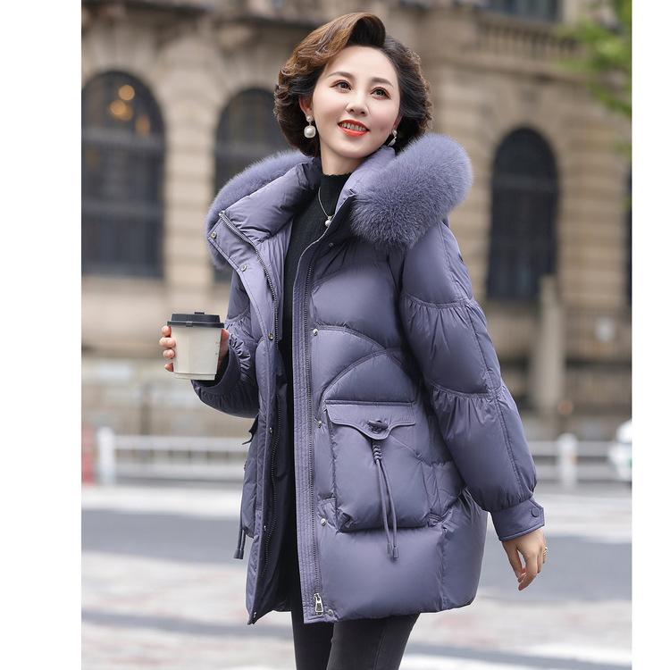 Middle-aged and Elderly Winter Down Jacket for Women Mother Mid-length Clothes for Winter Fox Hair Collar White Duck Down Warm Jacket