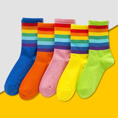 5 Pairs of Women's Rainbow Striped Socks, Fashionable, Comfortable, Soft, Breathable, Cute Candy Colored Mid Tube Couple Socks